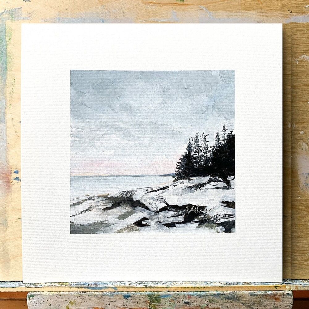 8x8 Maine Original Oil Painting Acadia Winter Snow Coastal New England Signed - Picture 2 of 7